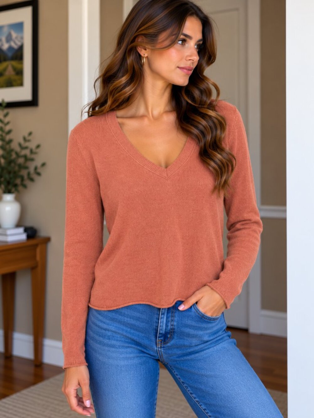 Elena Solano 100% 2 Ply Orange Cashmere V-neck Sweater, Size L